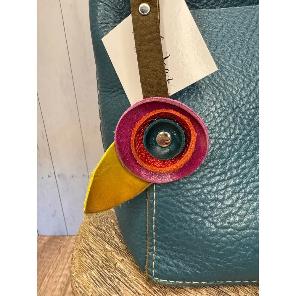 Genuine Leather Round Flower Purse Charm Hot Pink Red Blue Boho Bag Charm